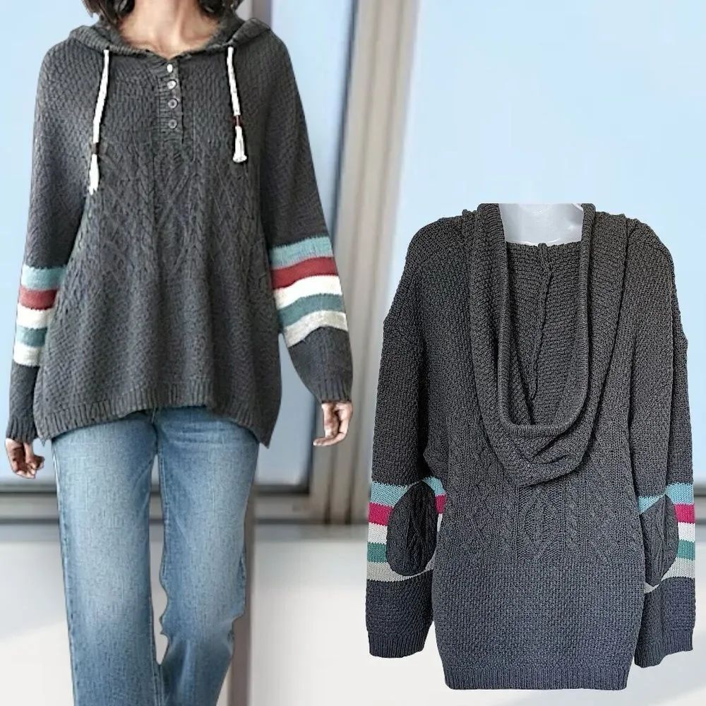 POL 💎 New Gray Cable-knit Sweater Hoodie Medium/Heavy Rare Detailing Warmth NWOT